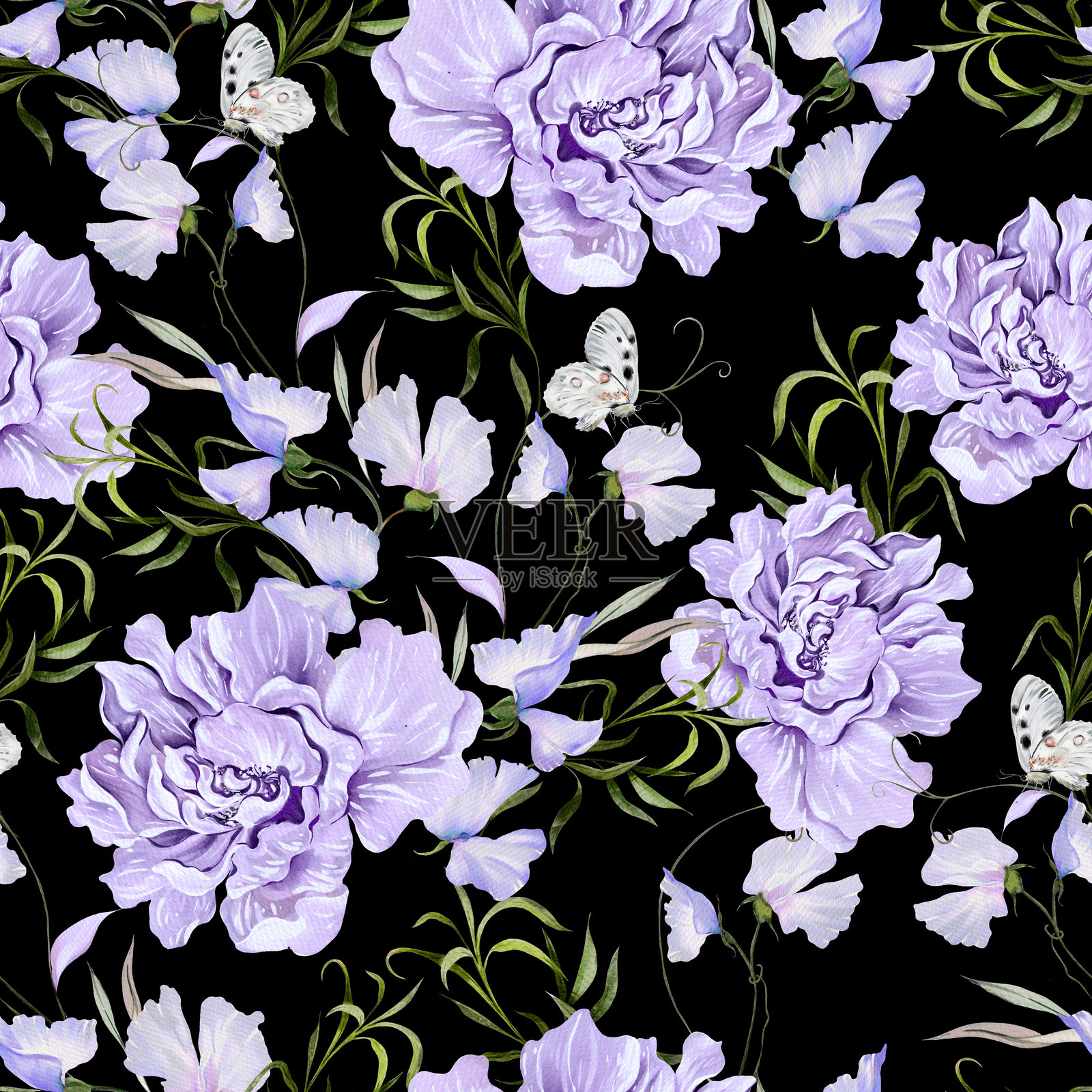 美丽的水彩无缝图案牡丹花,叶子和蝴蝶。插画图片素材