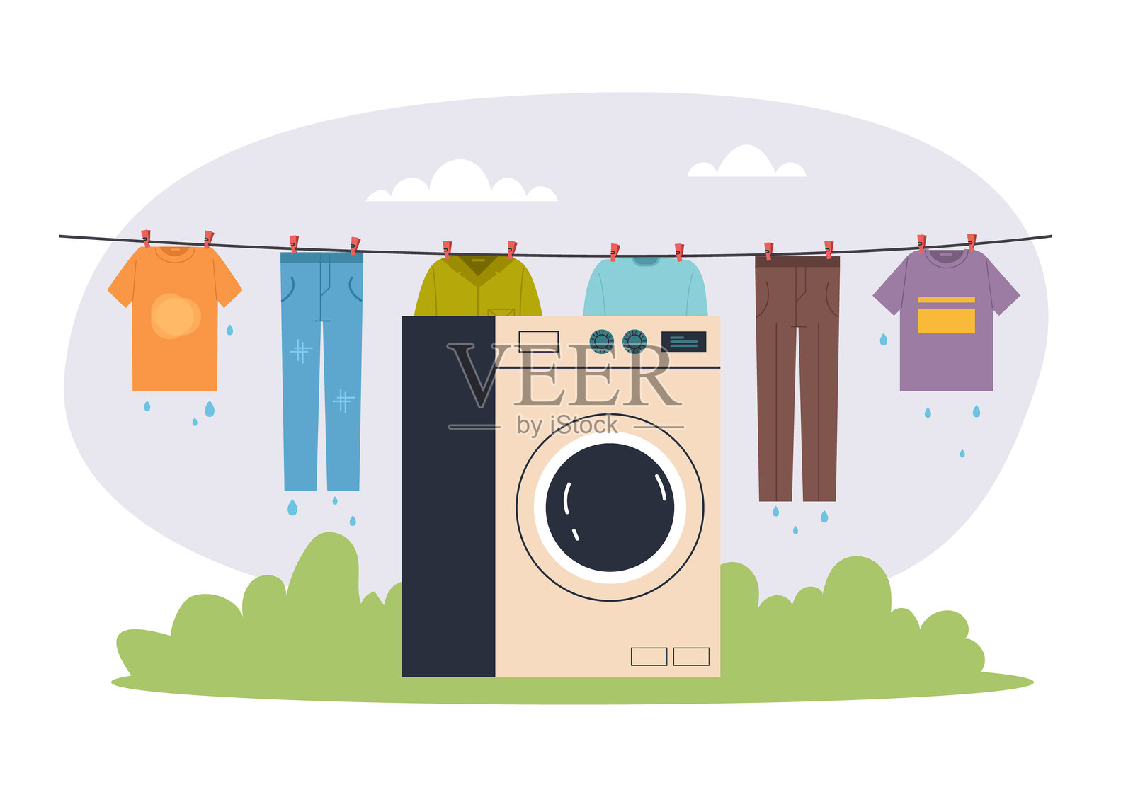 衣服挂在晾衣绳和晾衣绳上的概念。矢量平面图形设计插图插画图片素材