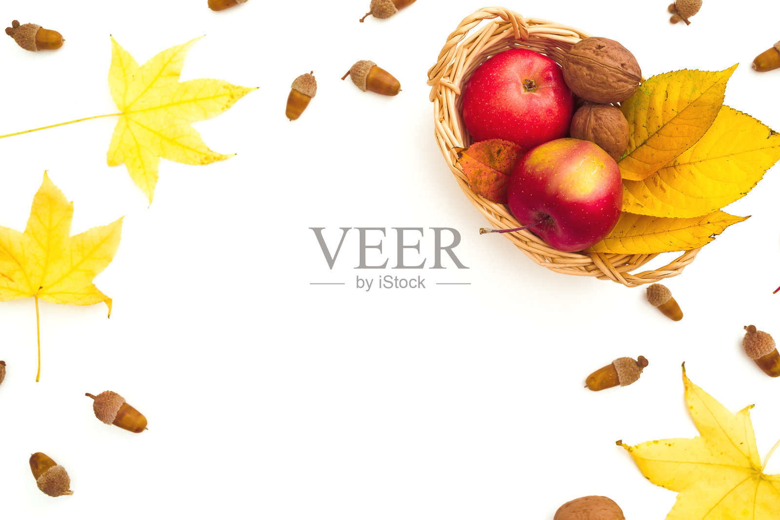 白色背景上的落叶、苹果和橡子。秋天和感恩的概念。平躺,俯视图照片摄影图片