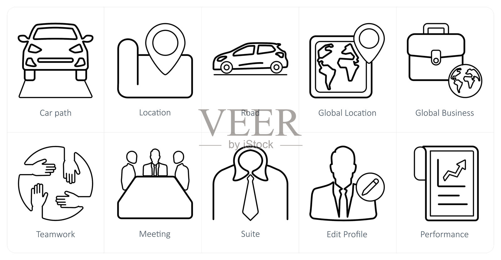 一组10个混合图标,如汽车路径,位置,道路插画图片素材