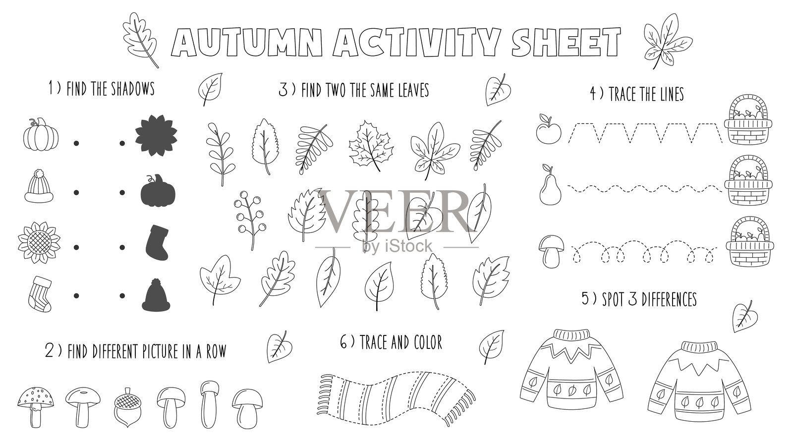 矢量秋季儿童游戏垫。跌倒活动表。黑白工作表。插画图片素材