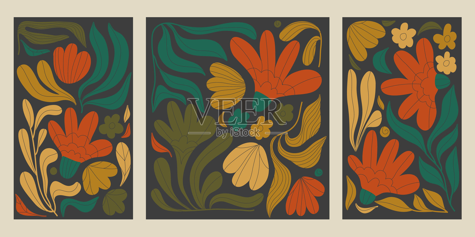 矢量花波西米亚装饰,花卉叶波插图,抽象异国情调的夏季海报,丛林有机印花。橙色,绿色,棕色。插画图片素材