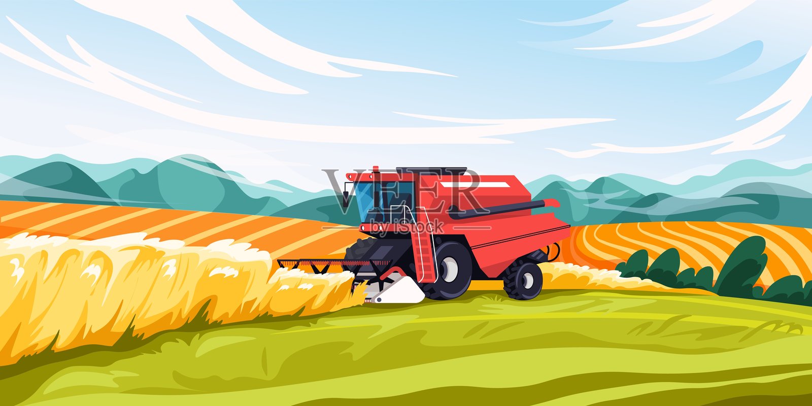 结合田间景观。收获场景,农业收割机在农村小麦卡通农田农村背景,农场收获农业技术最新矢量插图插画图片素材
