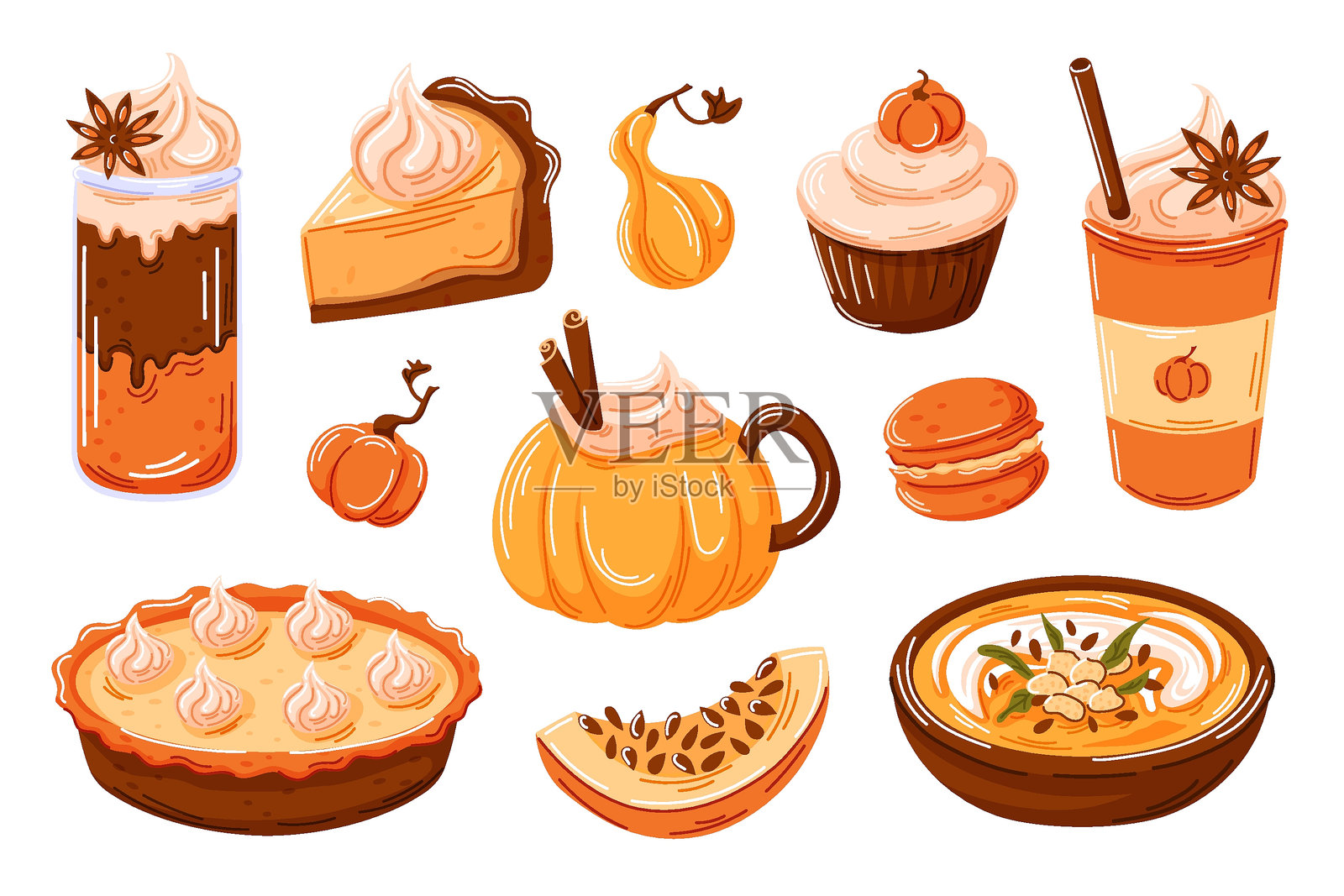各种南瓜甜点和饮料集派,纸杯蛋糕,拿铁,马卡龙,汤。适合秋天或万圣节的设计与温暖的橙色色调。卡通风格。矢量插图隔离在一个白色。插画图片素材
