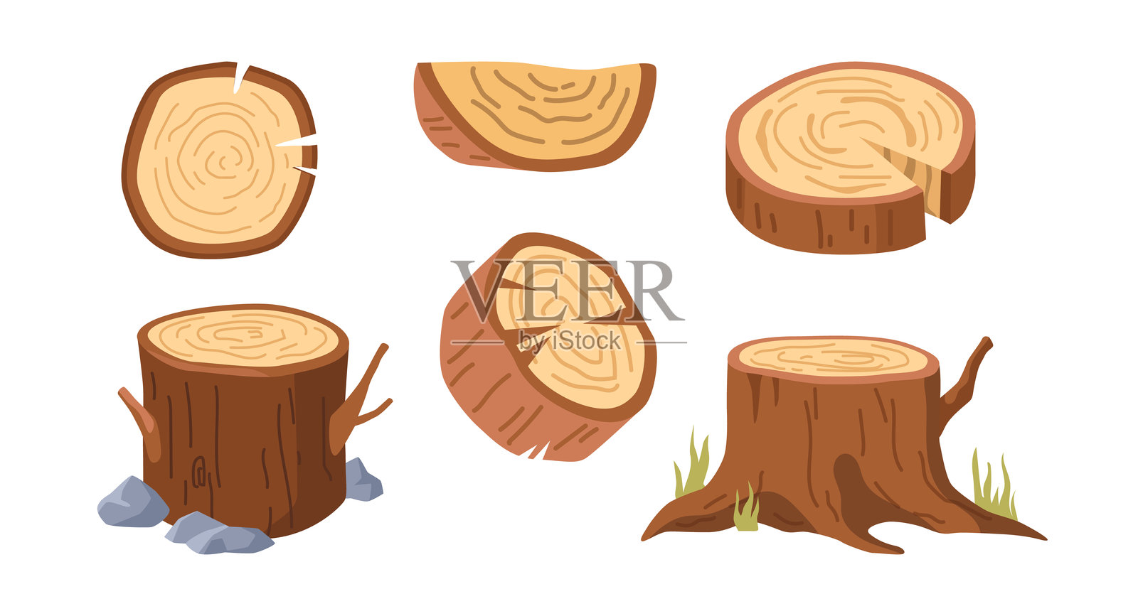 冬春两季树桩,圆形砍材,年轮卡通造型。矢量隔离原木,树干和木板。木制的柴火。硬木和建筑材料插画图片素材
