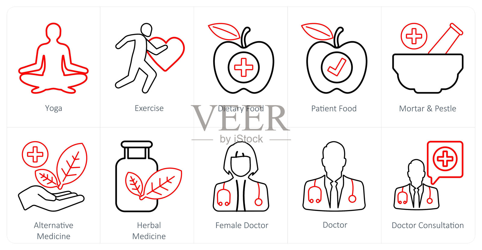 一套10个医学图标,如瑜伽,运动,饮食食品插画图片素材