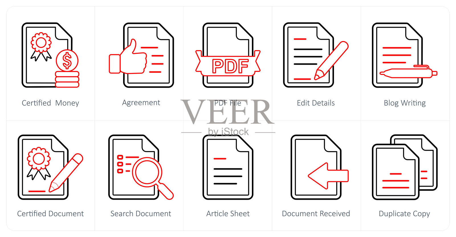 一套10个混合图标作为认证的钱,协议,pdf文件插画图片素材