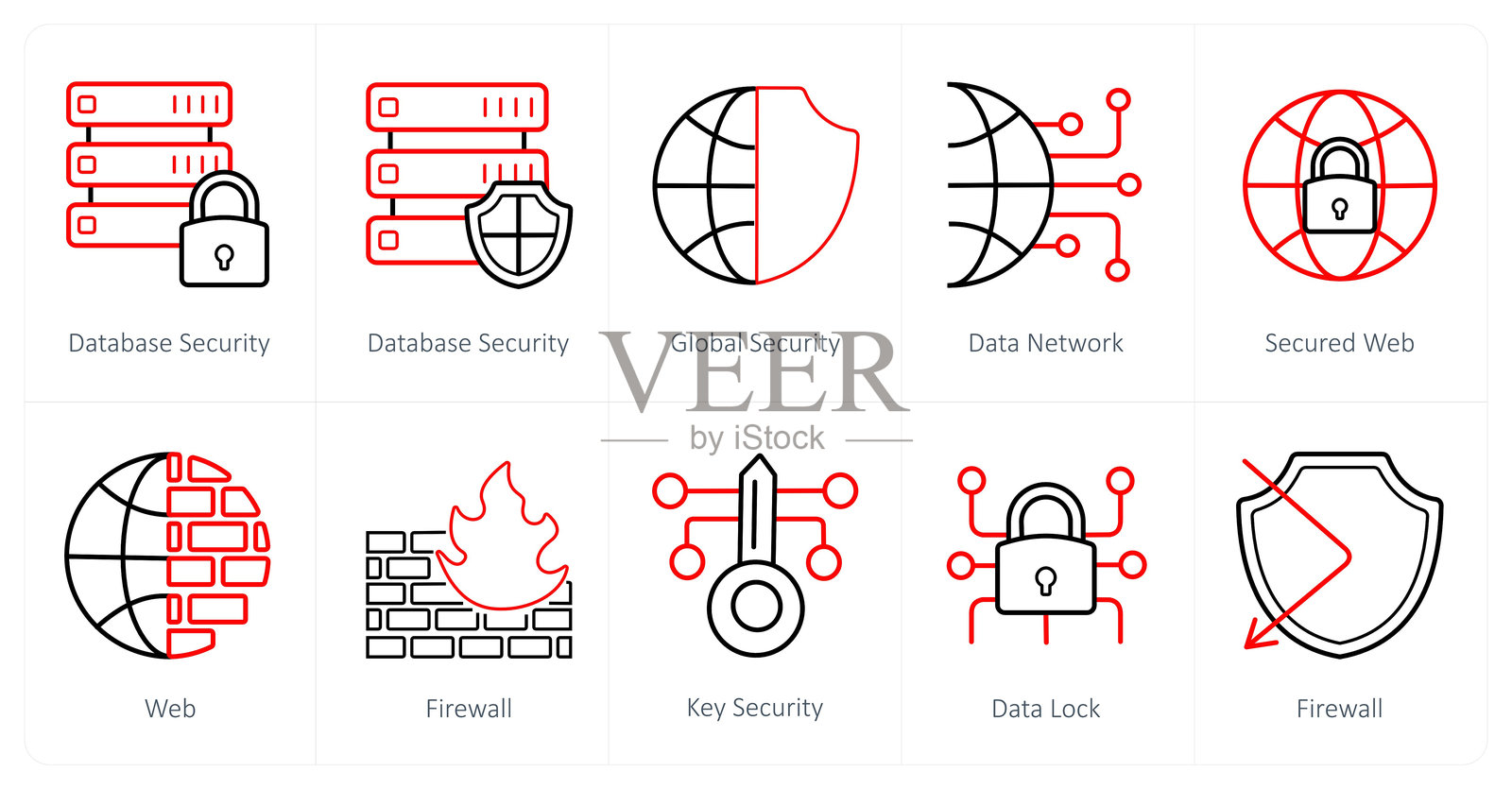 一组10个安全图标,如数据库安全,全局安全,数据网络插画图片素材