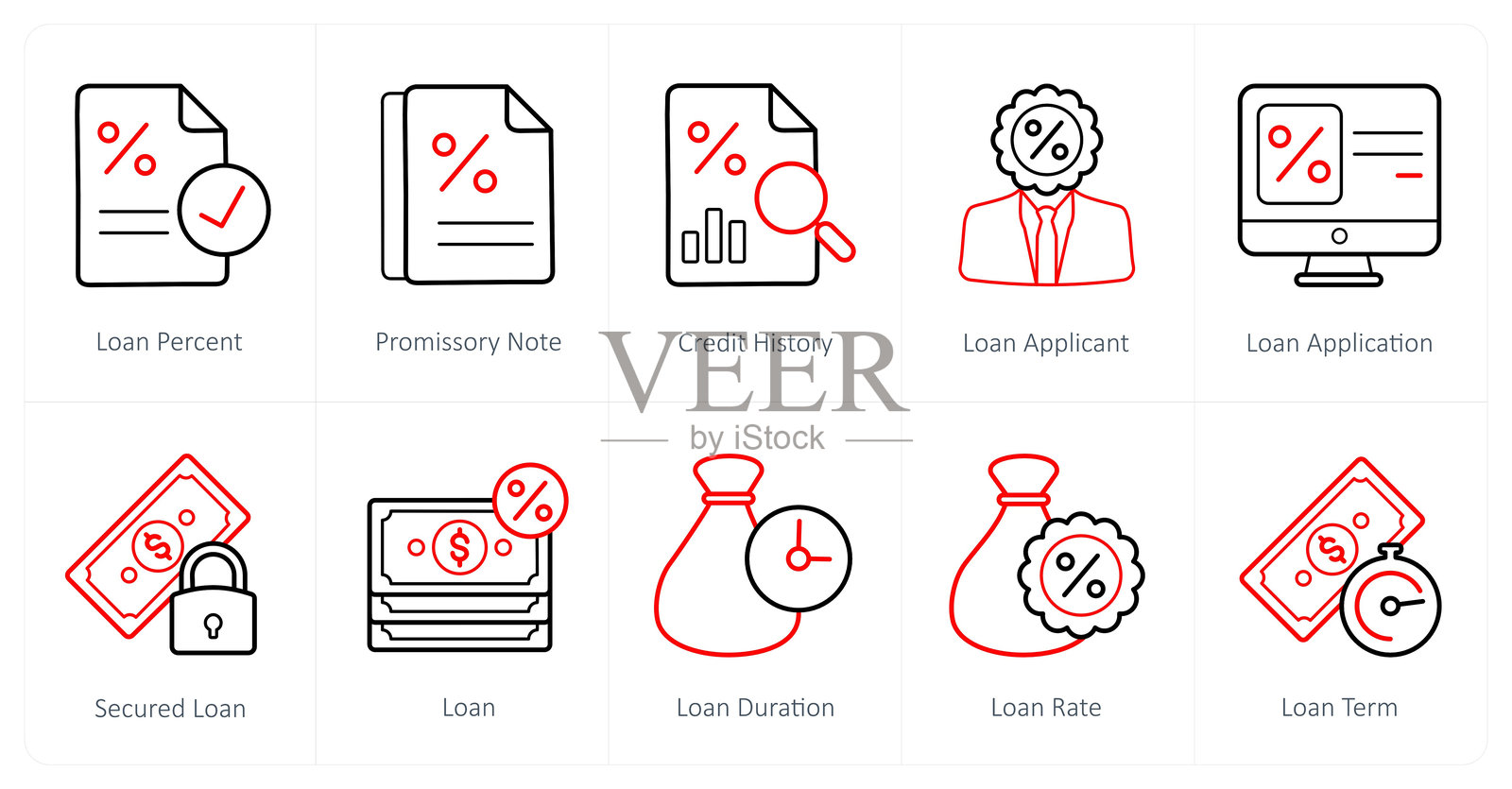 一套10贷款和债务图标贷款的百分比,本票,信用历史插画图片素材