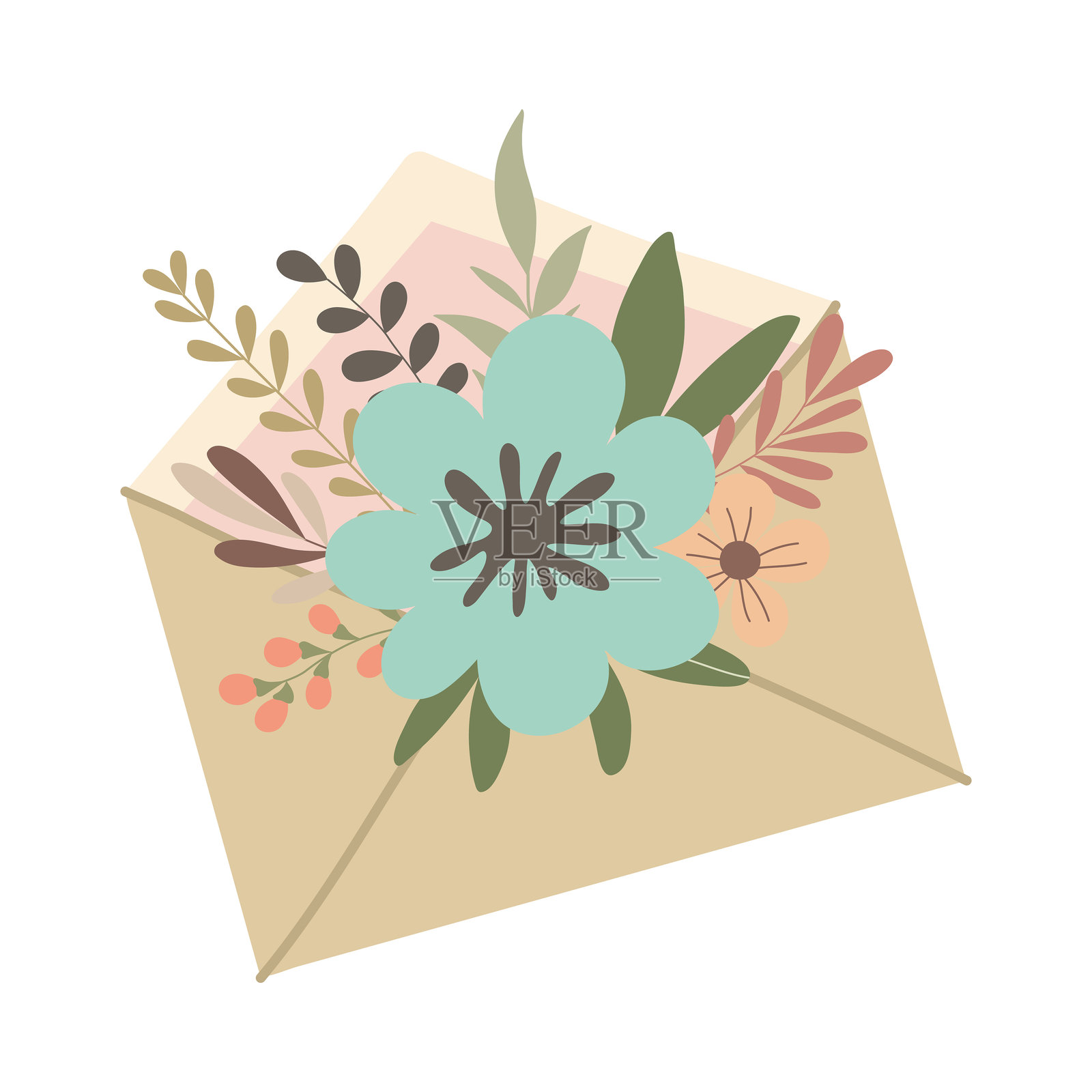 手绘信封与花和树叶隔离在白色的背景插画图片素材