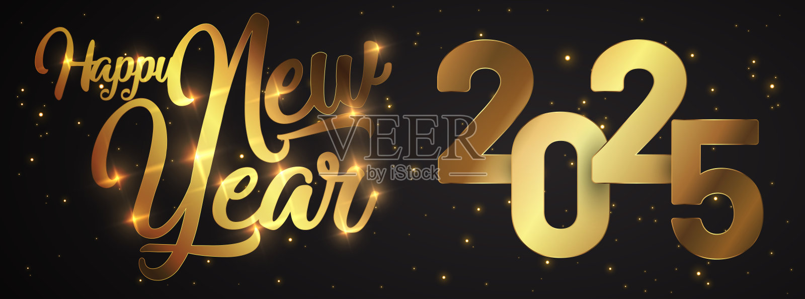 新年快乐,金光闪闪。矢量金色闪闪发光的文字和2025数字闪烁发光的节日贺卡。插画图片素材