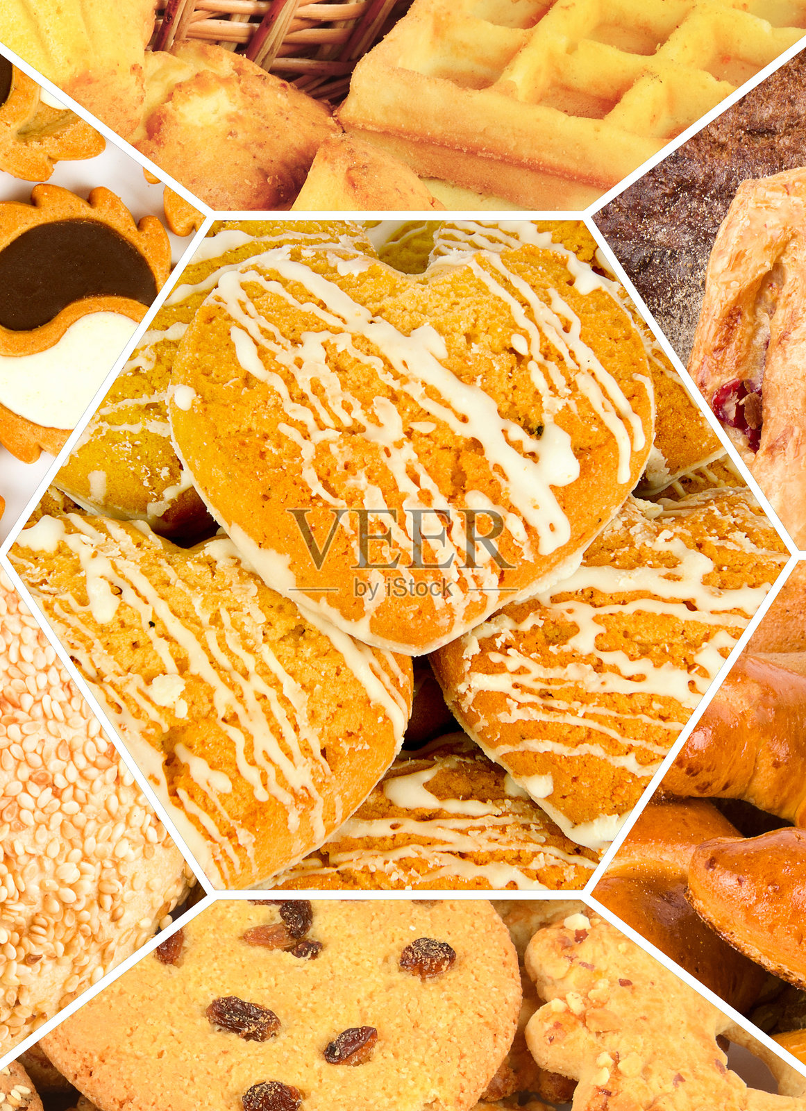 不同的饼干和甜点。美丽的背景。拼贴画。垂直的照片。照片摄影图片