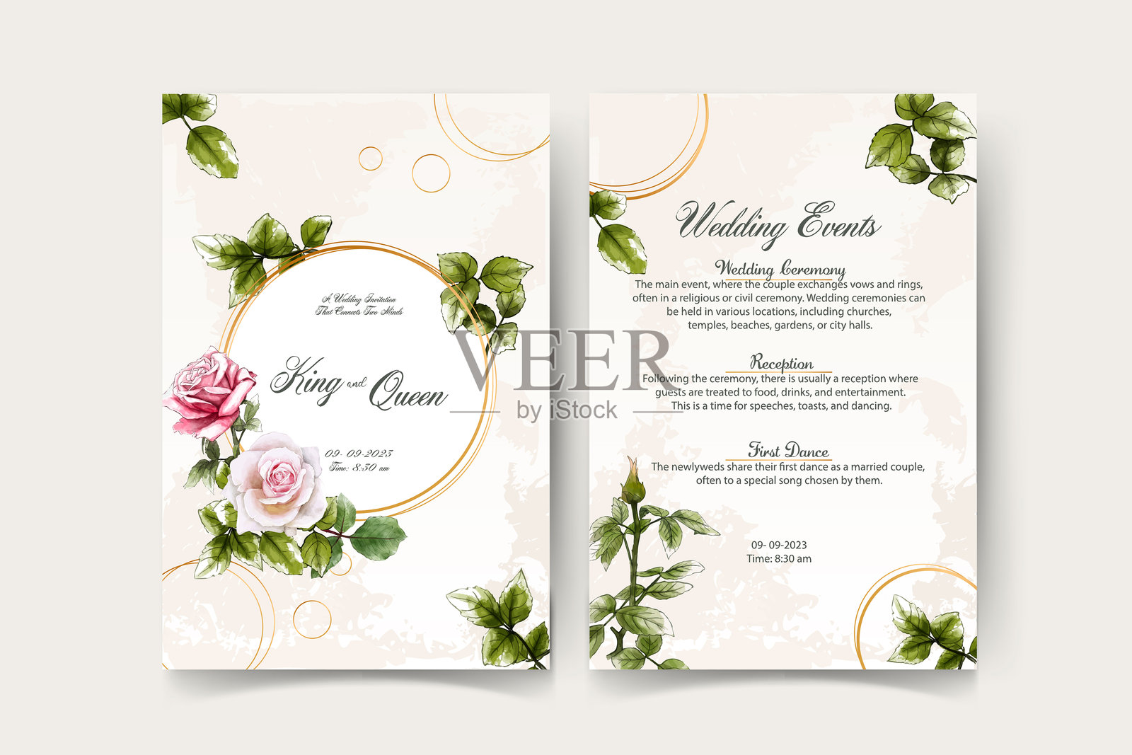 一套卡片与花玫瑰,树叶。婚礼饰品概念。花海报,邀请。矢量装饰贺卡或邀请设计背景插画图片素材