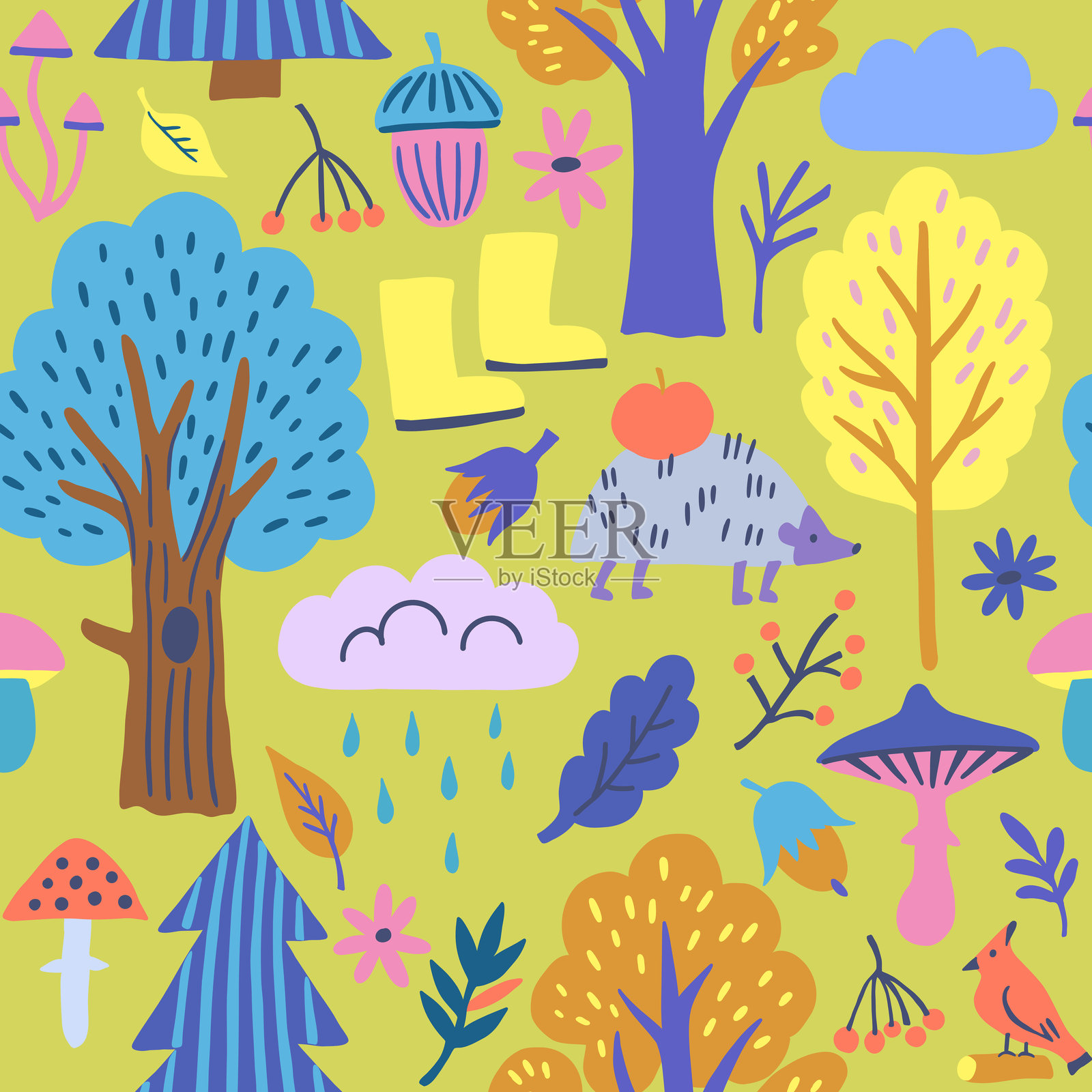 可爱的彩色现代无缝图案与秋天的森林元素。插画图片素材