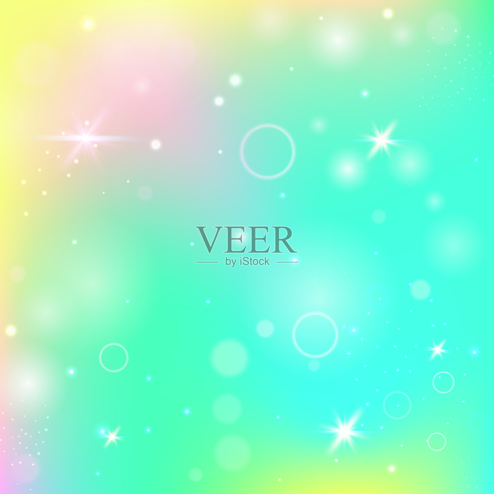 卡哇伊的邀请。紫色魔法梯度。公主全息图。童话般的神秘效果。粉红色彩色图案。蓝色魔法背景。独角兽闪闪发光。霓虹灯卡哇伊请柬。插画图片素材