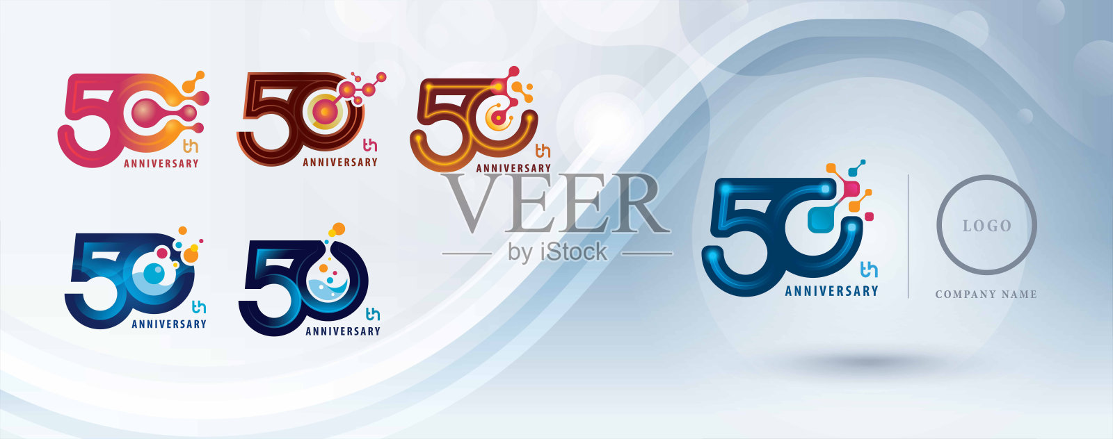 一套50周年纪念标志设计,50年庆祝标志庆祝,抽象分子结构连接。化学科学插画图片素材