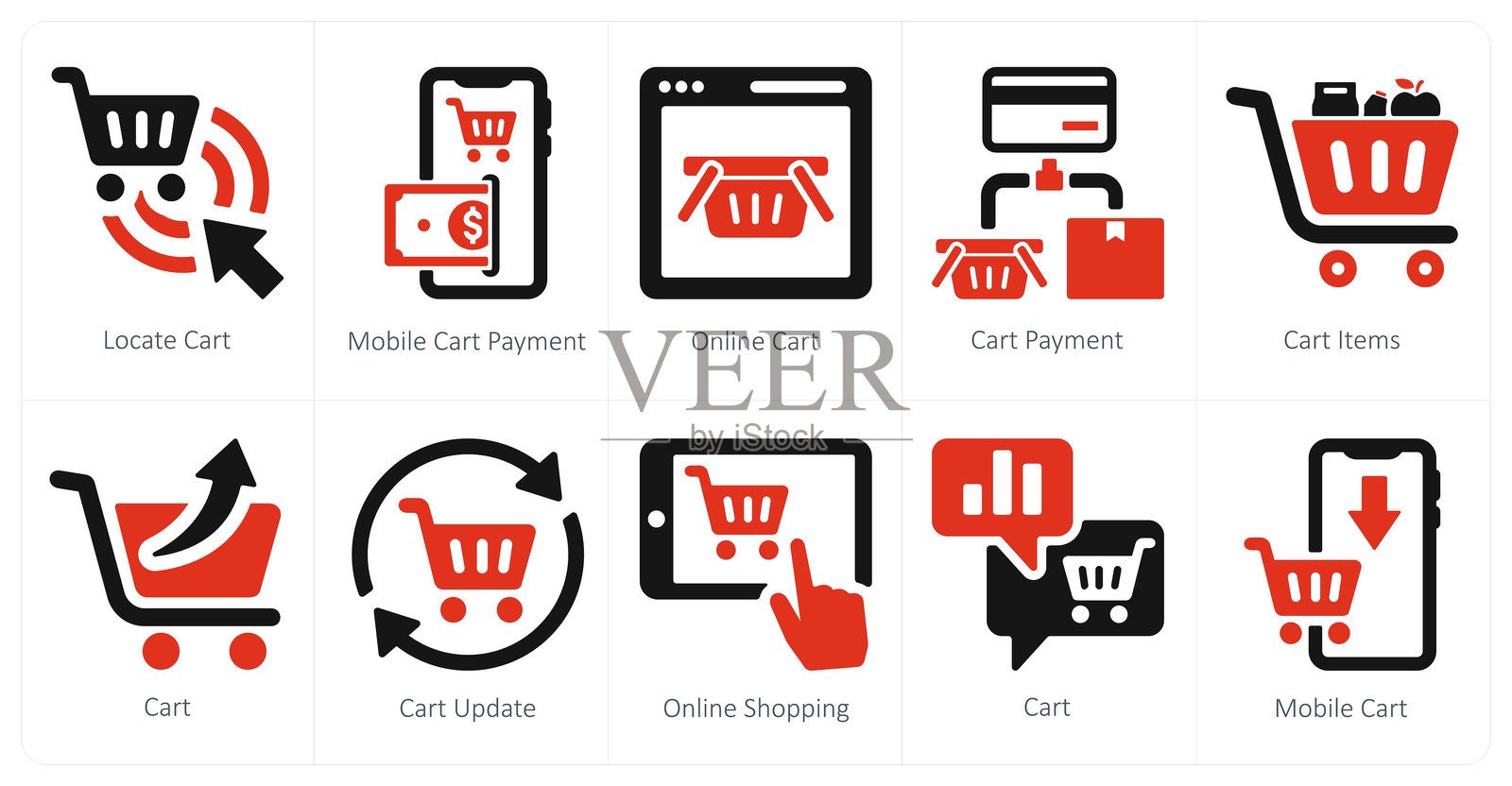 一组10个电子商务图标定位购物车,移动购物车支付,在线购物车插画图片素材