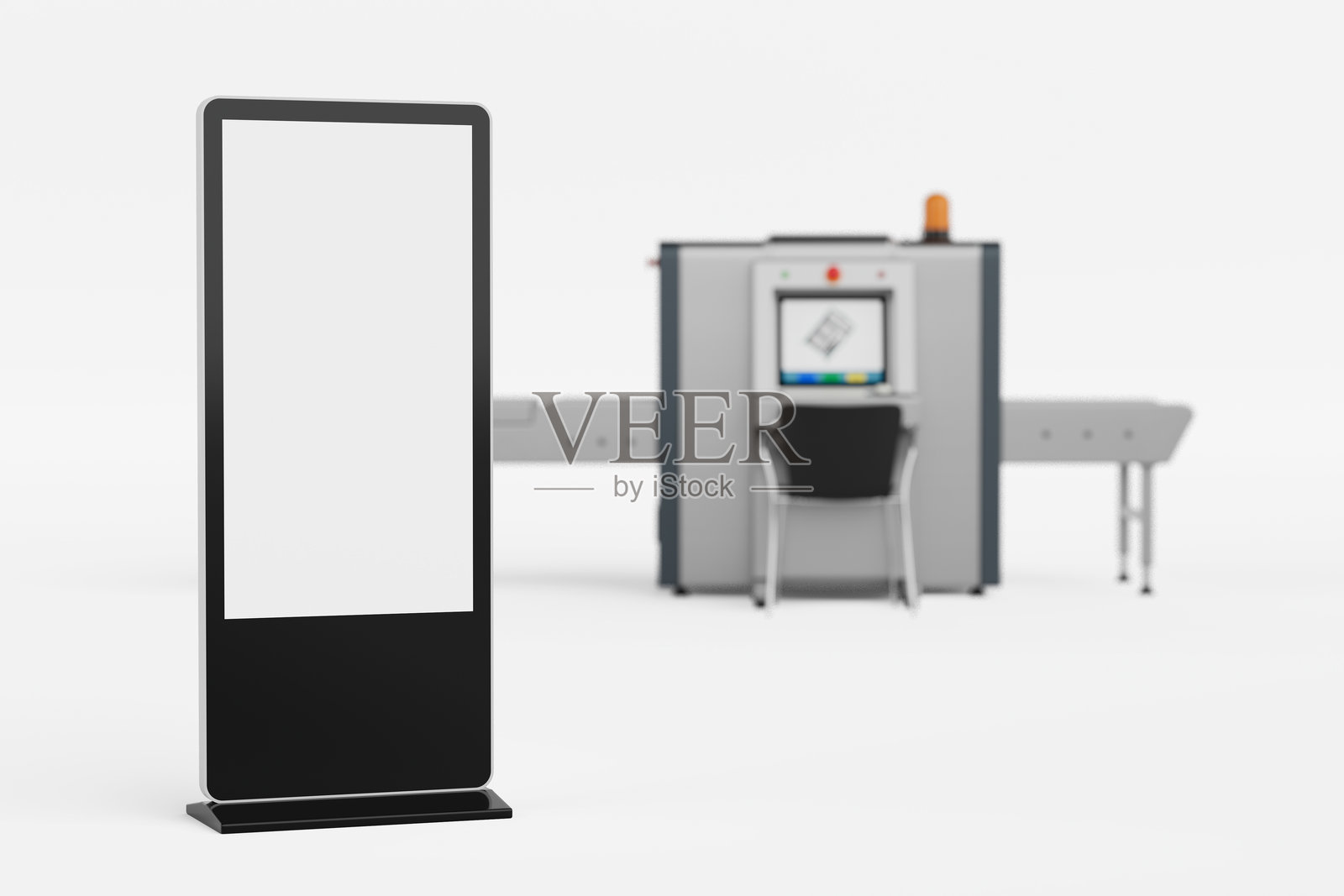 空白贸易展液晶屏幕显示展台作为模板,为您的设计在机场x射线安检行李扫描仪前。3d渲染照片摄影图片