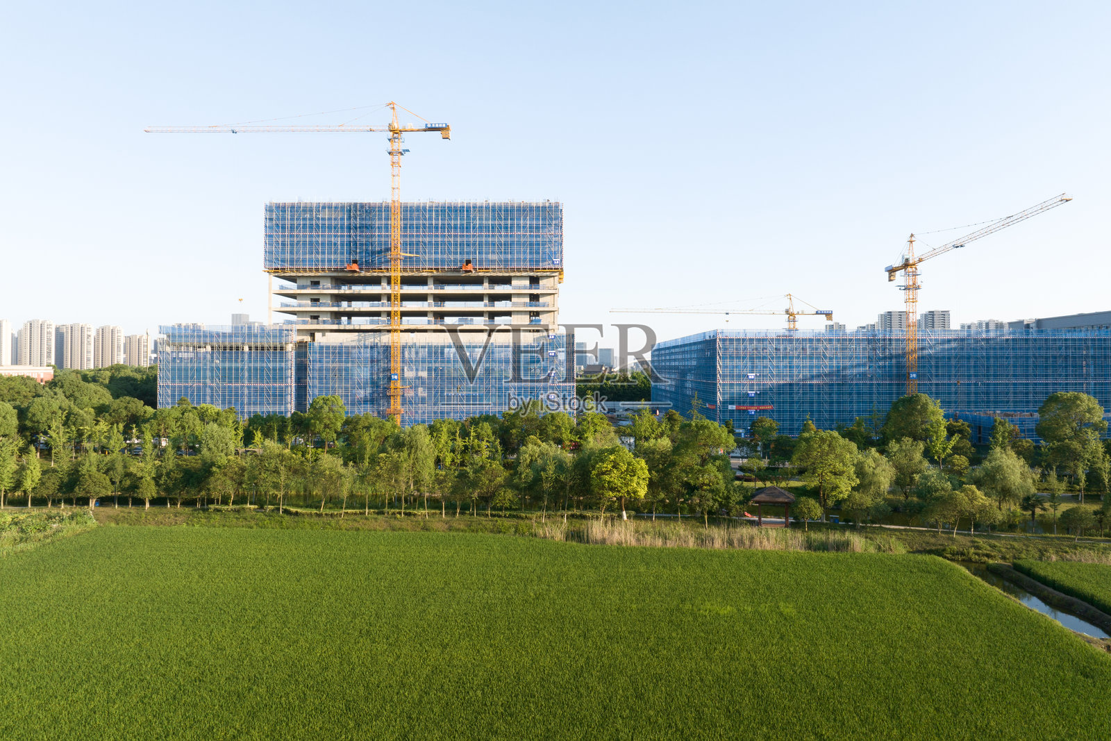 航拍建筑工地旁稻田照片摄影图片