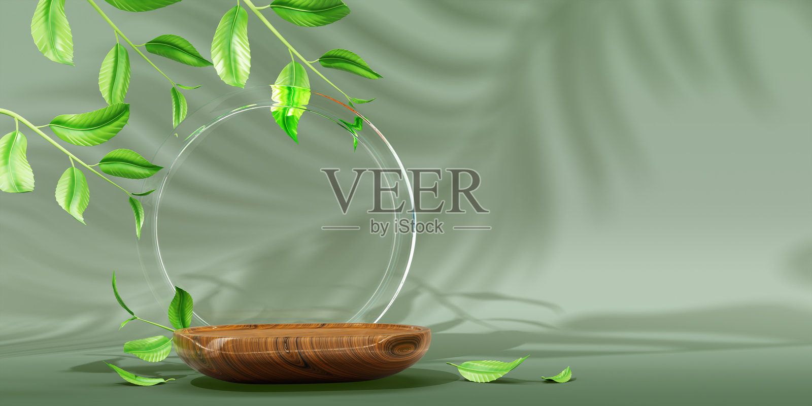 3d木制品展台展示用玻璃圆拱,树枝和树叶渲染绿色背景。棕木台座为天然草本化妆品,健康护肤平台照片摄影图片