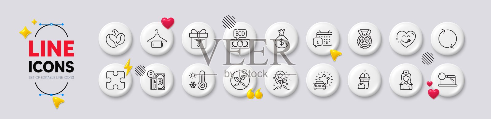 投标报价、秘密礼物和咖啡豆线条图标。用于Web应用程序、印刷。白色按钮3D图标。矢量图插画图片素材