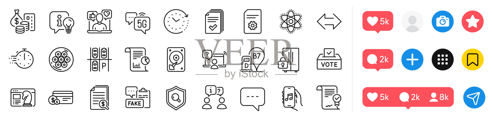 在线问题,音乐应用程序和社交媒体线图标包。用于web应用程序。社交媒体图标。向量插画图片素材