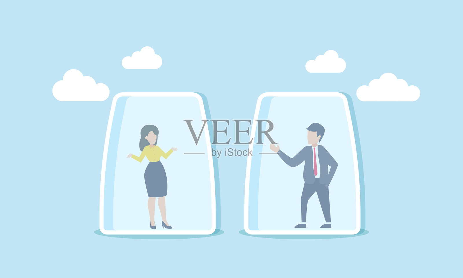 业务伙伴的行动受到限制,被困在玻璃容器中,说明由于外部限制而对业务人员的合作产生约束的概念插画图片素材