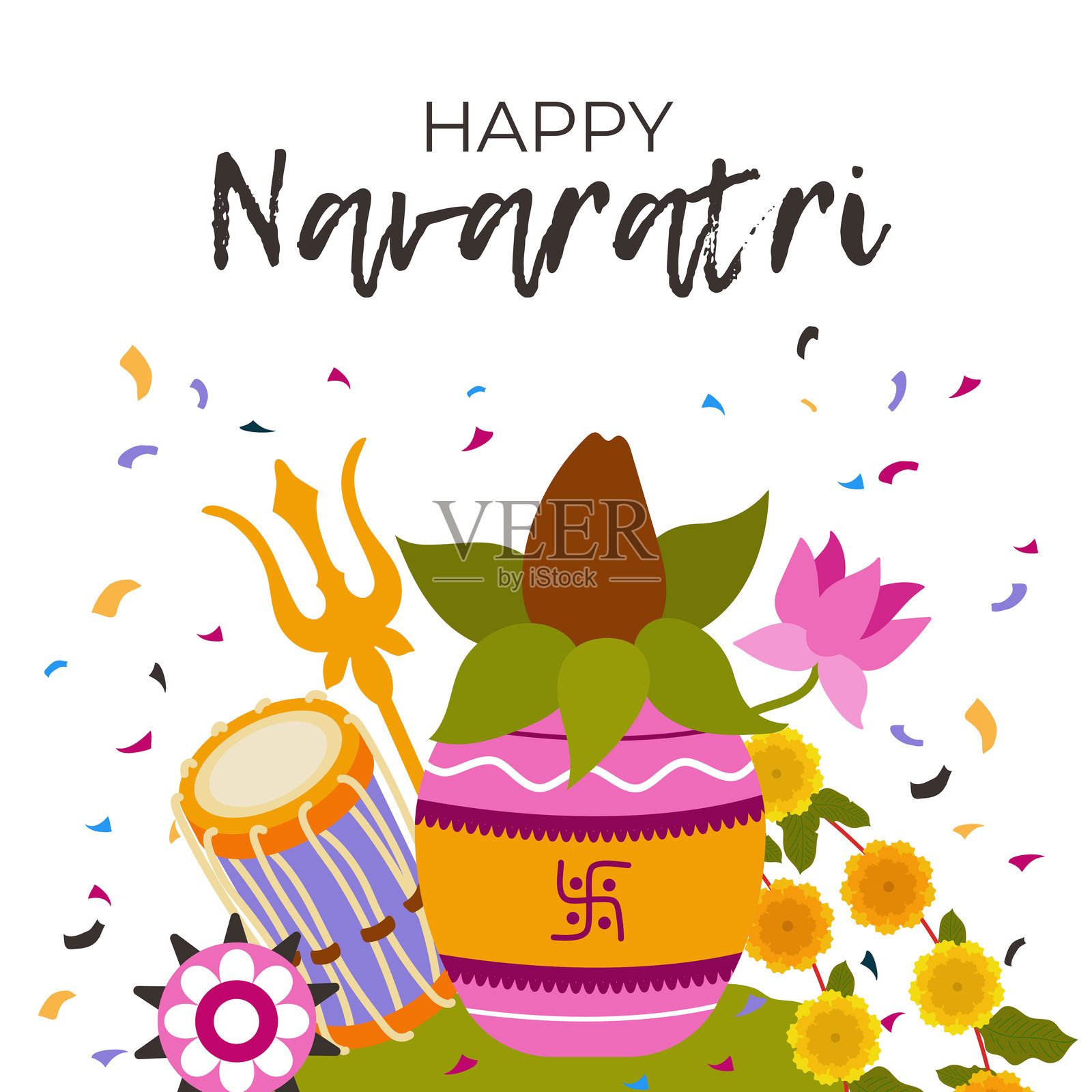 横幅、海报或邀请卡,庆祝Navratri节快乐。彩色矢量背景与假日属性插画图片素材