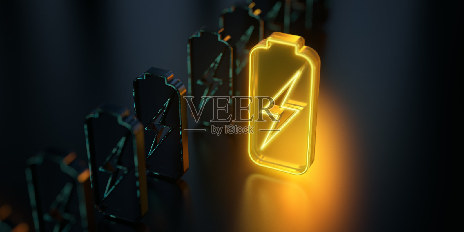 未来科技背景下的数码电池。电源演进的创新与效率。未来的电池图标在世界的技术进步和创新。CGI 3D渲染照片摄影图片