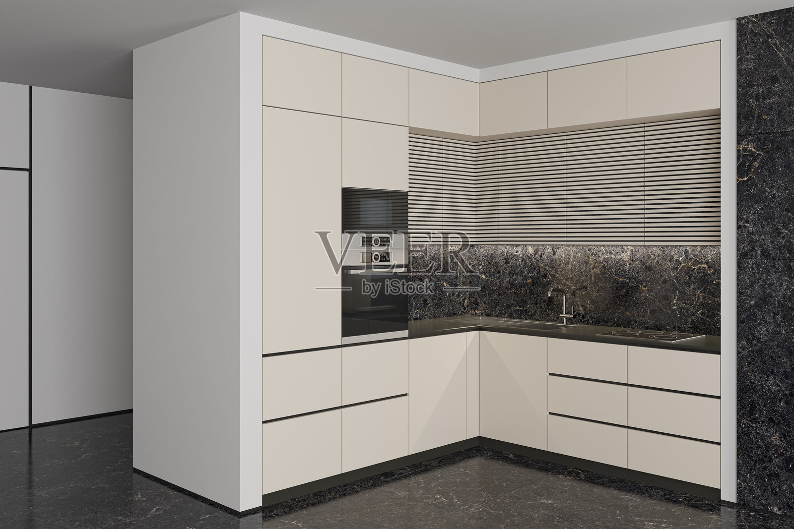 现代小L形厨房,白色橱柜和大黑色大理石瓷砖。照片摄影图片