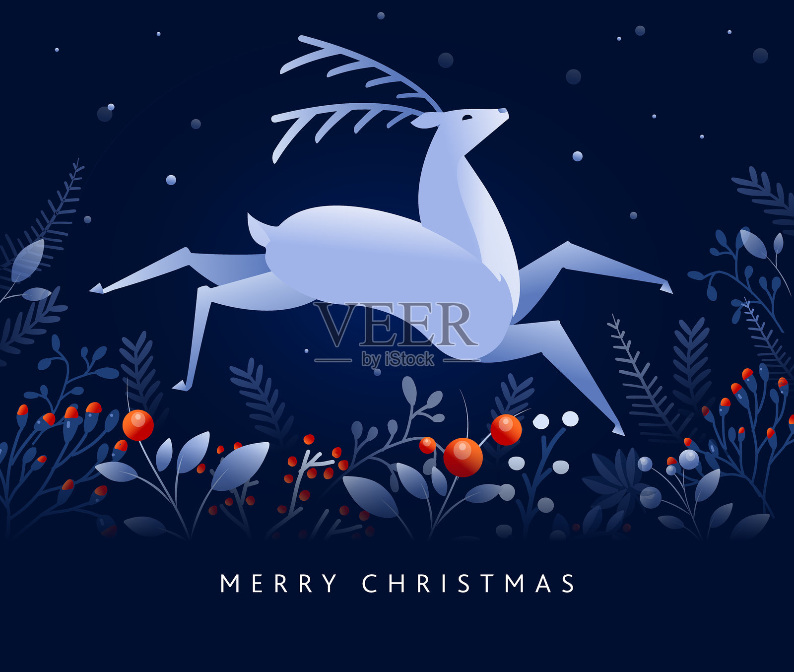 圣诞快乐贺卡设计模板在深蓝色跳跃鹿和手绘树枝和花卉插画图片素材
