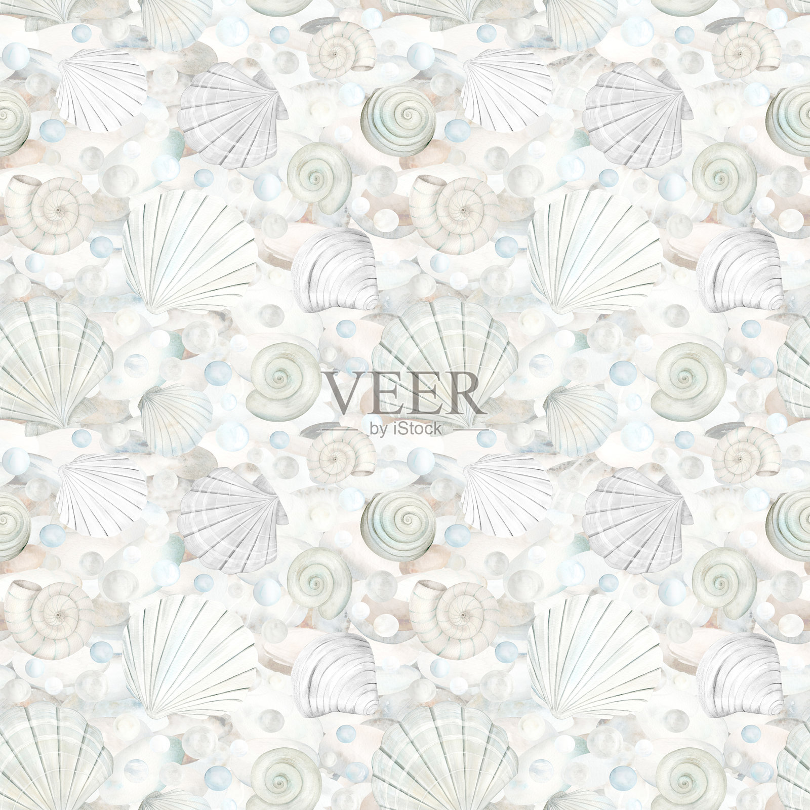 无缝图案的米色海贝壳,泡沫和鹅卵石水彩鹅卵石背景插图。手绘海洋蛤剪纸为航海和海滨设计的单色粉彩。插画图片素材
