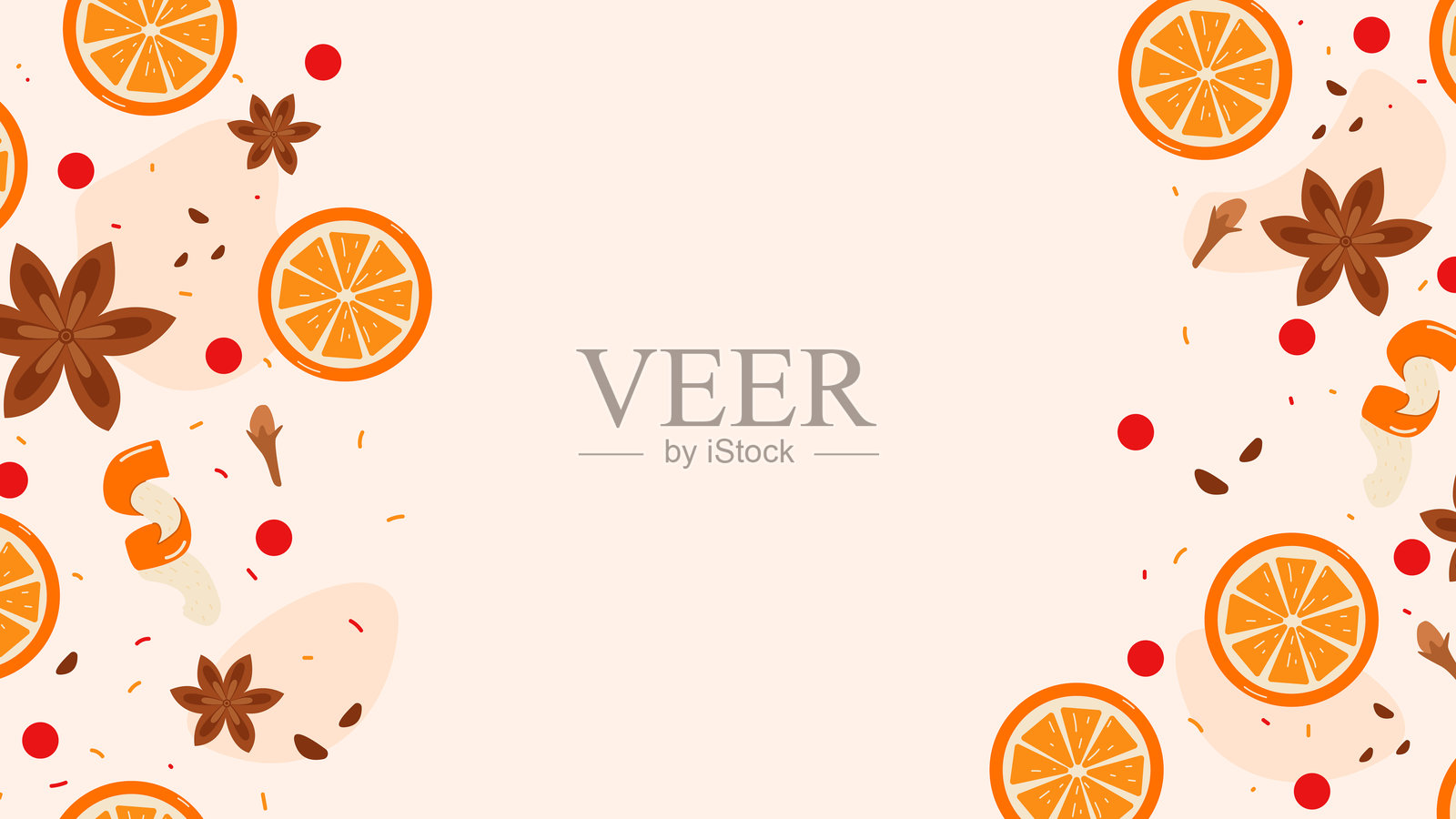 平面矢量插图背景与橙子,丁香,八角茴香。热红酒食谱。封面、横幅、明信片的背景。插画图片素材