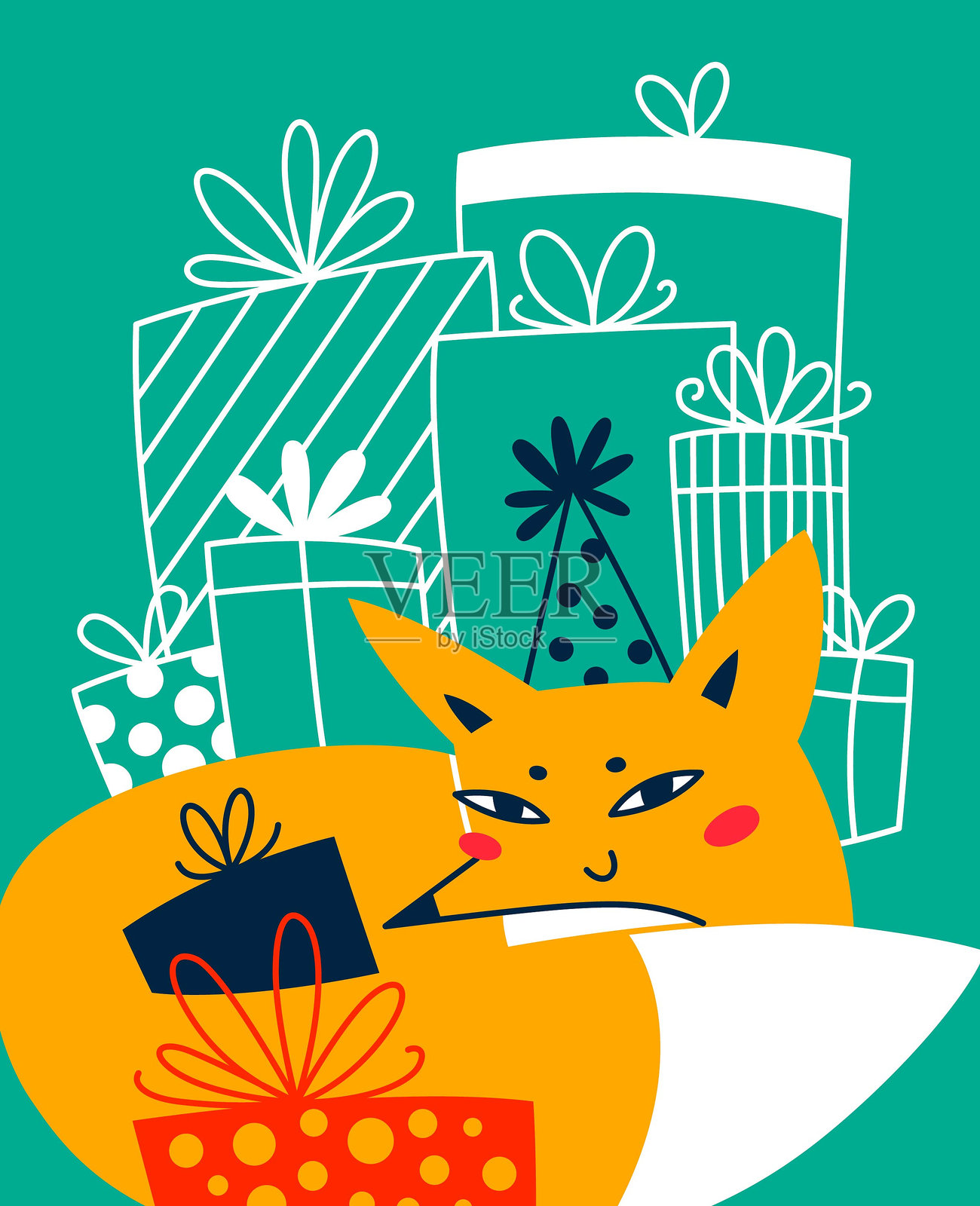 快乐的狐狸带着一堆礼物。绿色背景上的生日矢量插图插画图片素材