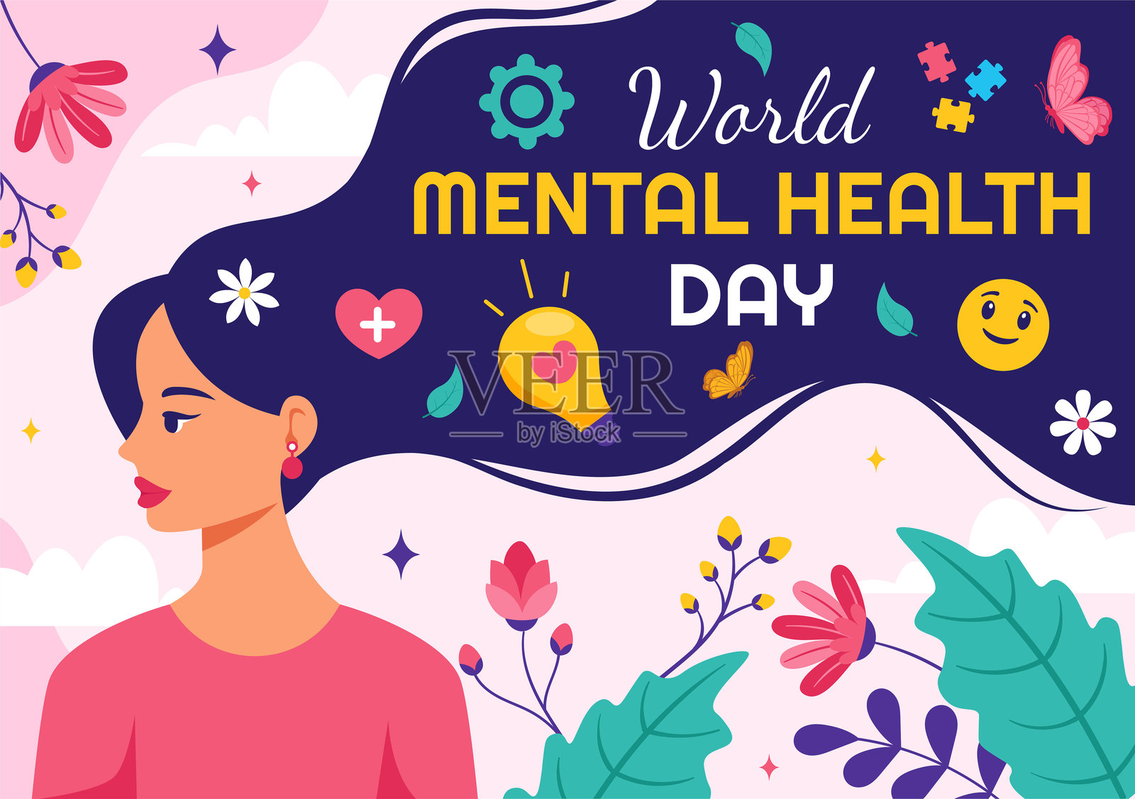 10月10日世界精神卫生日矢量插画:以大脑和鲜花为特色的精神卫生宣传标志插画图片素材
