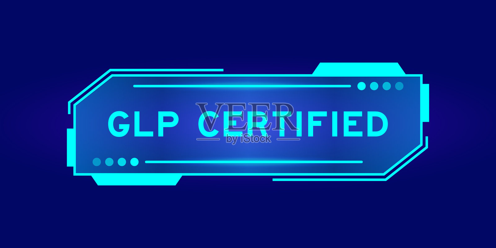 未来的hud横幅,有字自由绿党(缩写良好的实验室实践)认证的用户界面屏幕上的蓝色背景插画图片素材