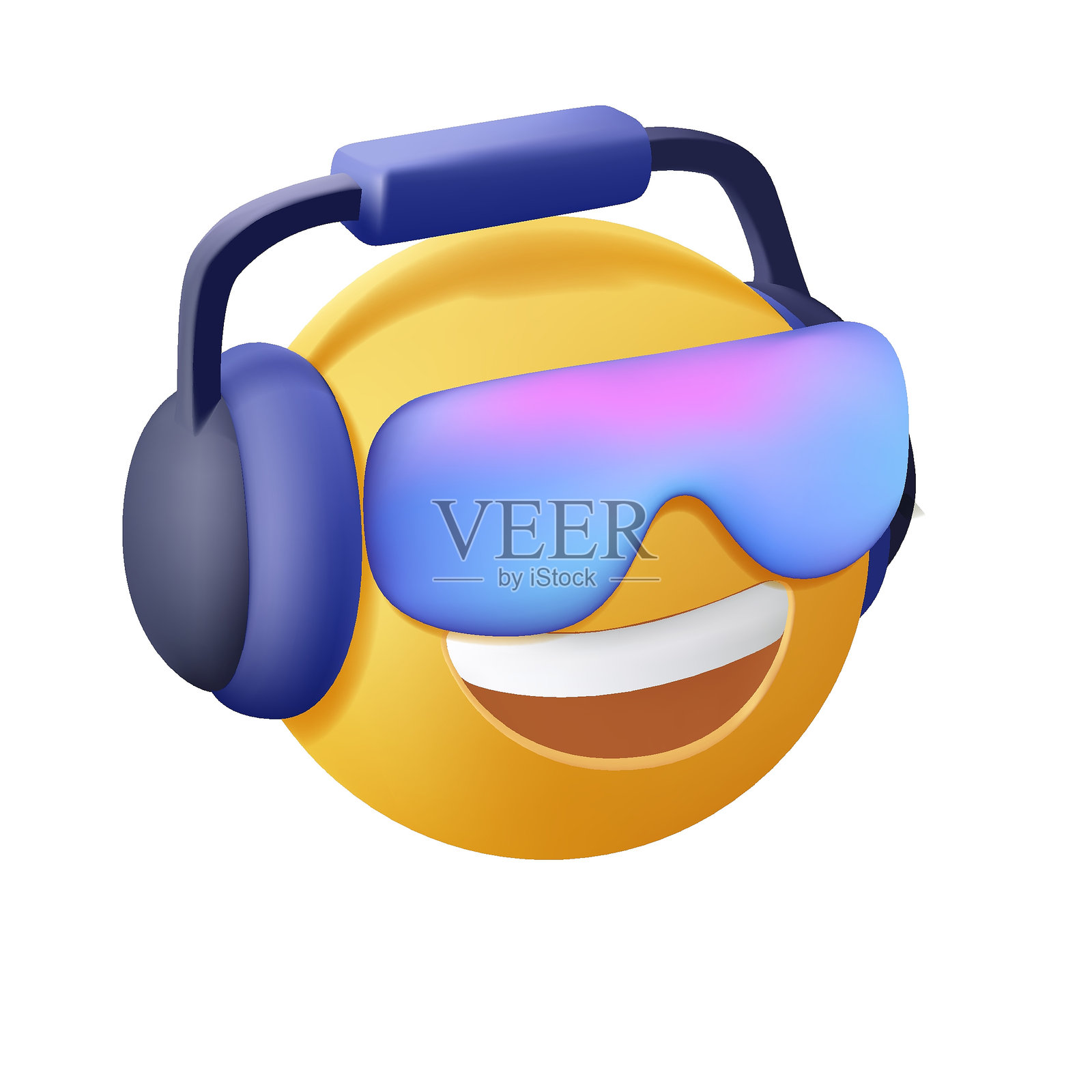 带着耳机听音乐的表情符号,3D风格的卡通矢量。白底太阳镜上的表情符号。很酷的插画图片素材