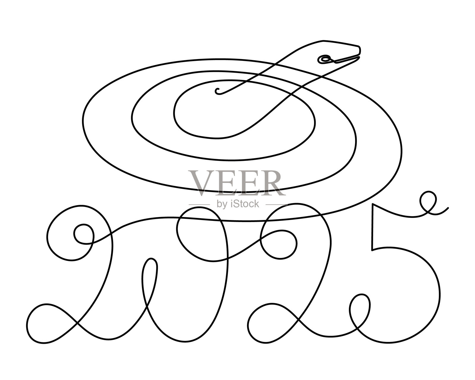 2025年蛇一线艺术,手绘连续轮廓。节日概念,喜庆的新年中国占星运势,毒蛇蛇形的毒蛇轮廓。可编辑stroke.Isolated.Vector插画图片素材