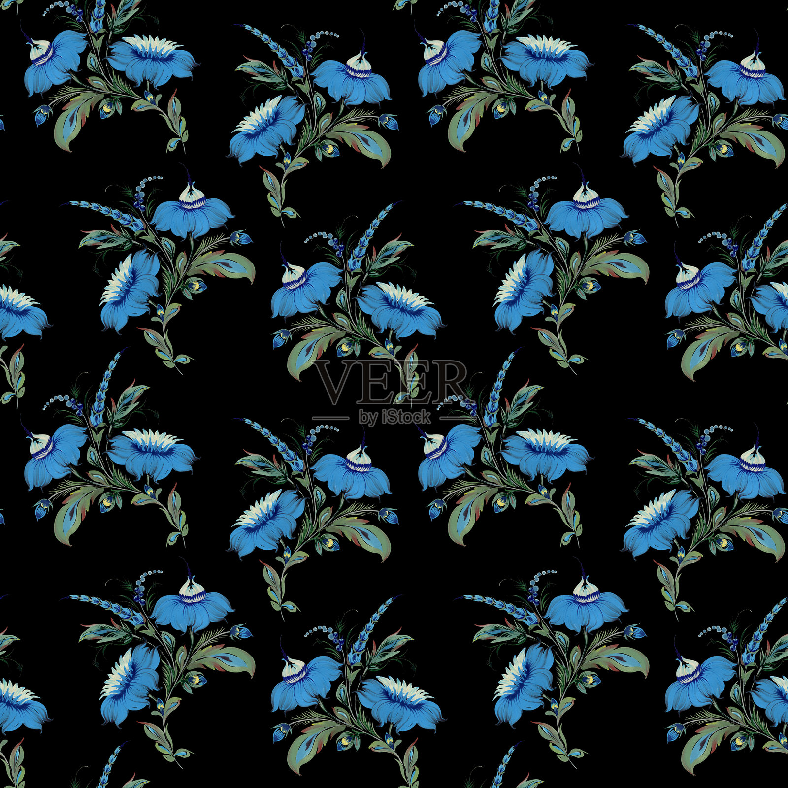 花卉无缝图案从手绘蓝色菊花花束在一个黑色的背景插画图片素材