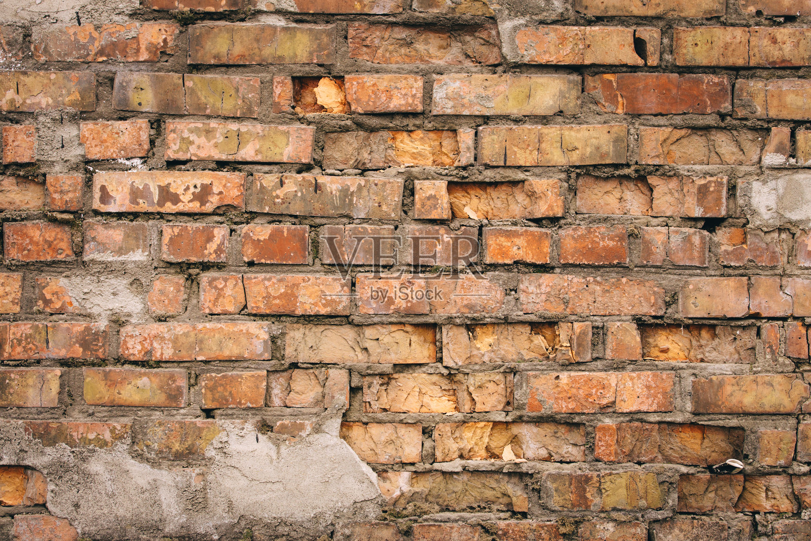 破旧的黄红色砖墙。可以用作背景或海报。照片摄影图片