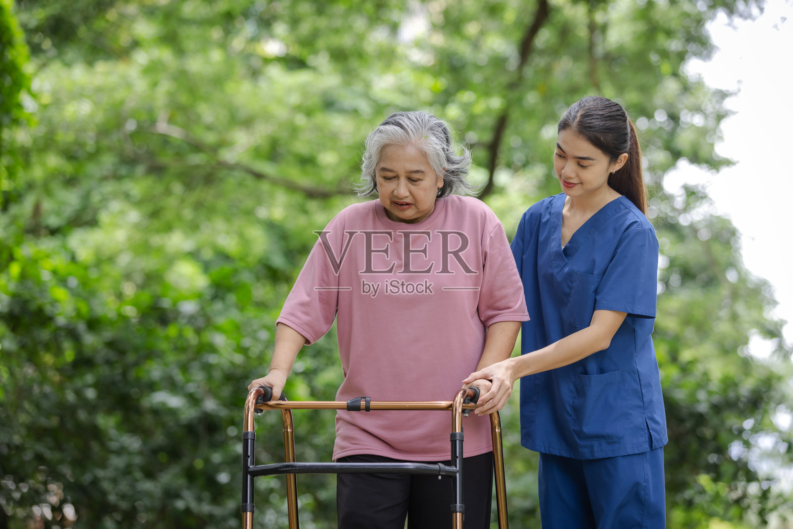 在郁郁葱葱的绿色公园里,年轻的护士小心翼翼地帮助着拄着助行器的老妇人照片摄影图片