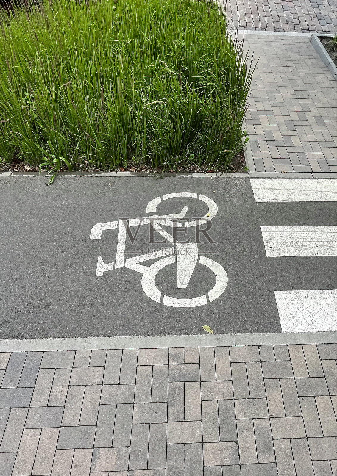 城市里的自行车道。柏油路上的自行车标志。文本复制空间照片摄影图片