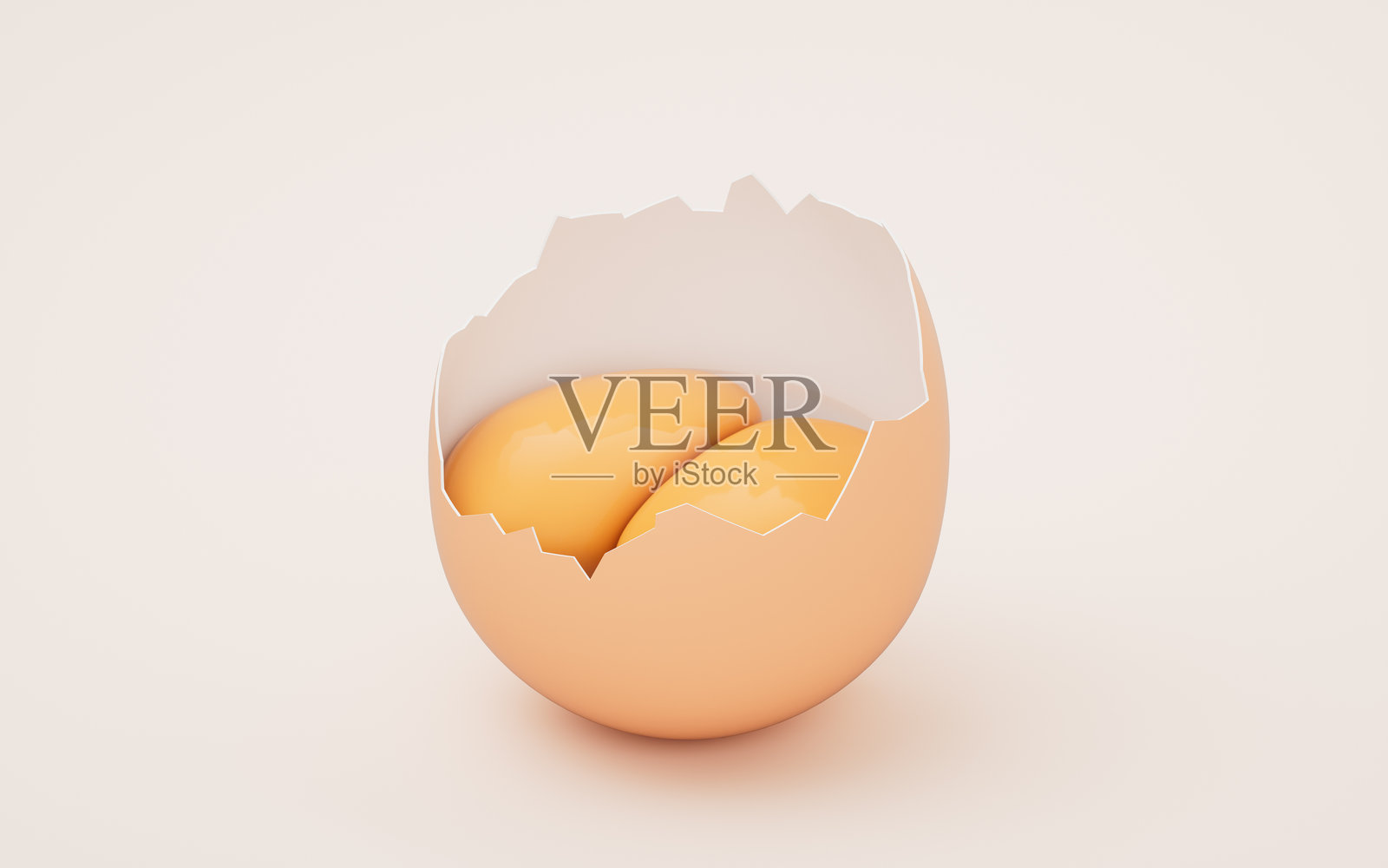 一个破裂的双蛋黄蛋,3d渲染。照片摄影图片