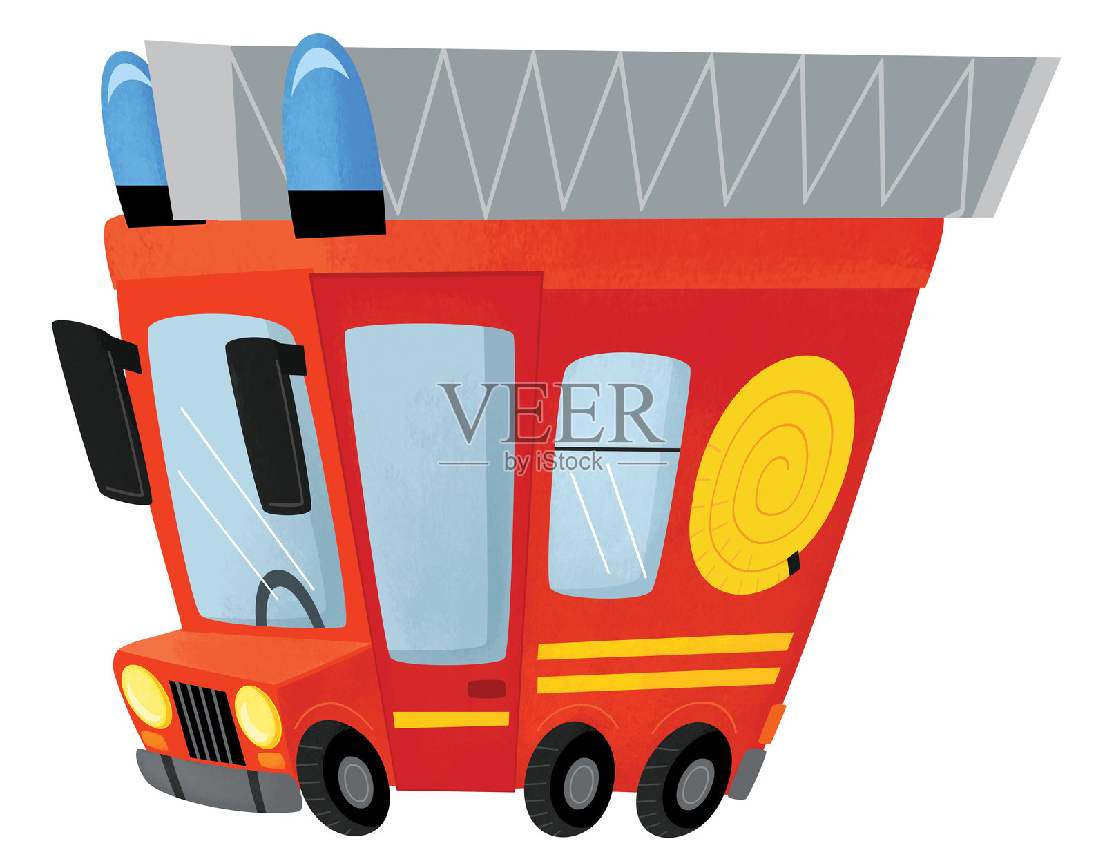 卡通场景与消防车消防车重型卡车孤立插图的孩子插画图片素材