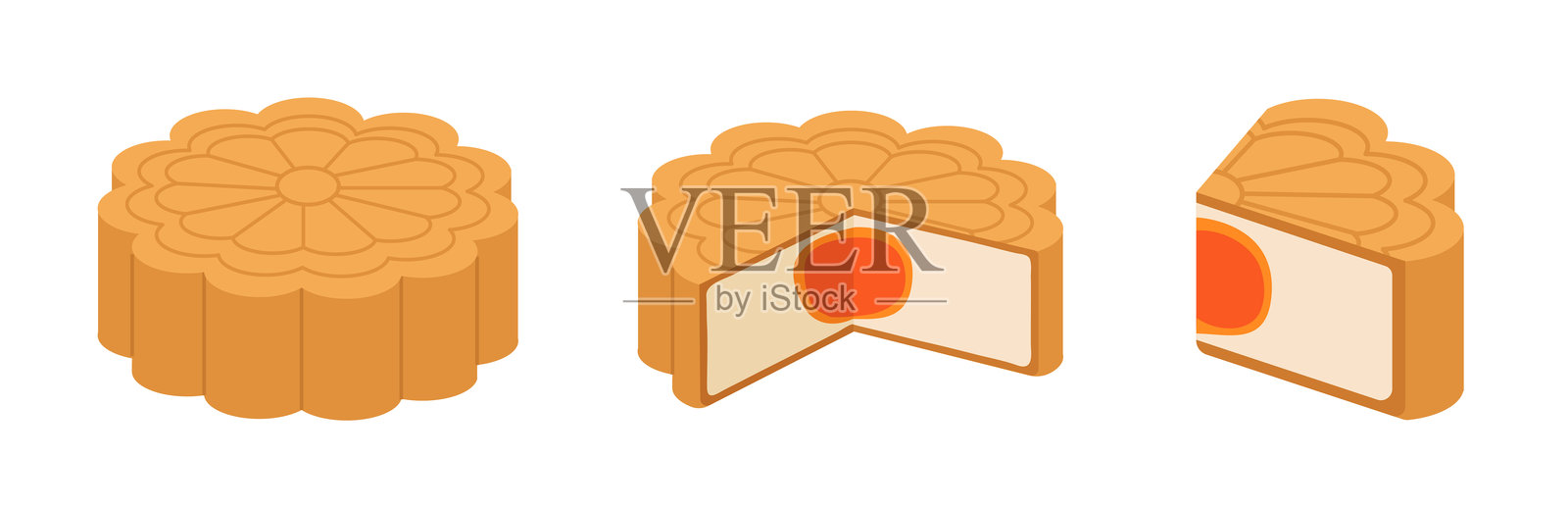 一套完整的,一半的和四分之一块月饼隔离在白色背景中秋节。插画图片素材