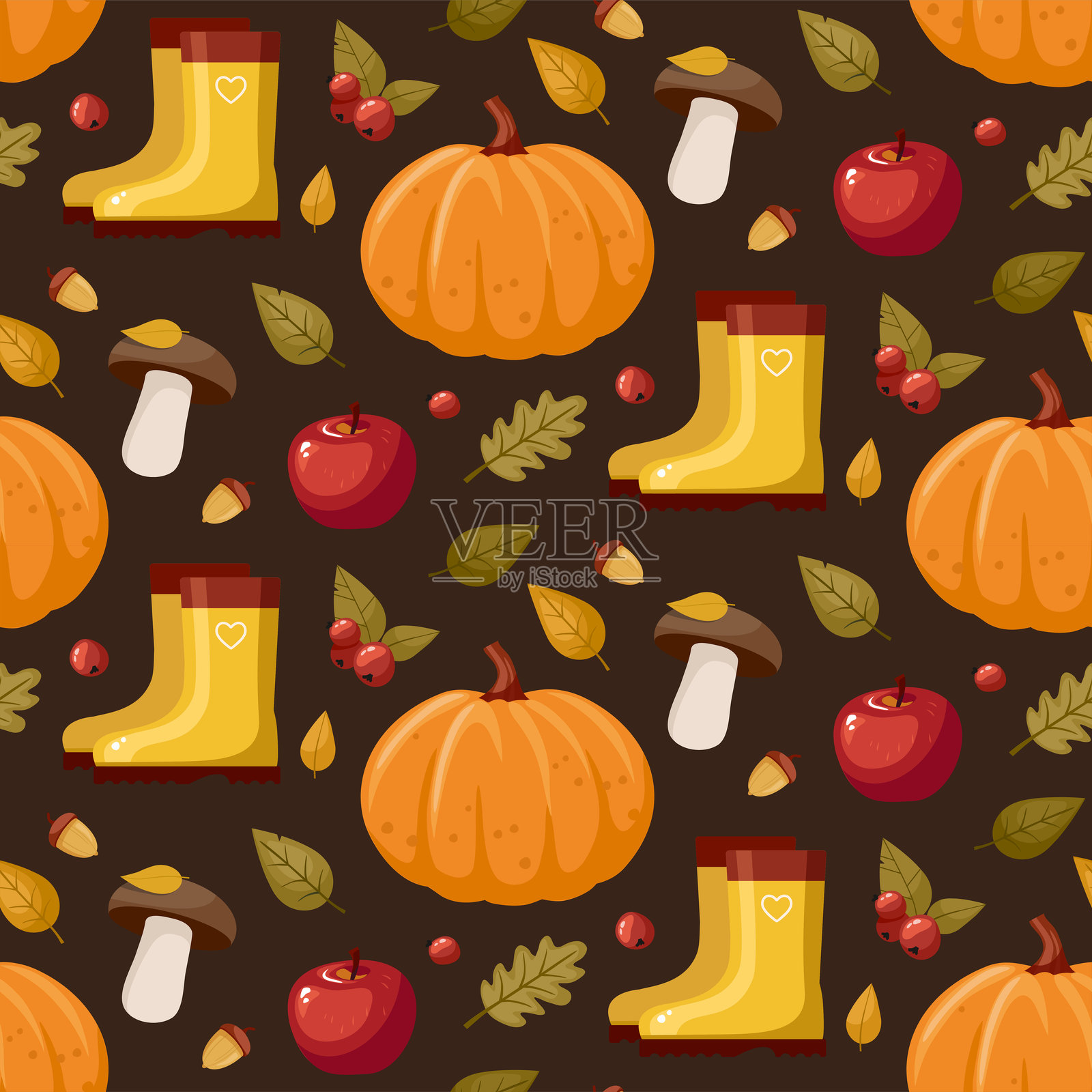 秋日无缝图案背景。南瓜,靴子和苹果。插画图片素材