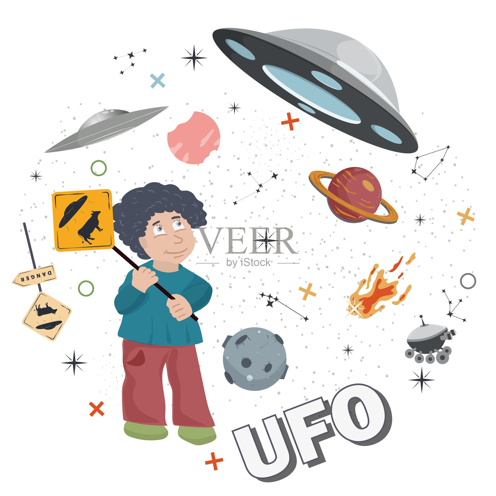 一个带着警告标志的小男孩看着一个不明飞行物,这是一个儿童涂鸦的圆形平面插图插画图片素材