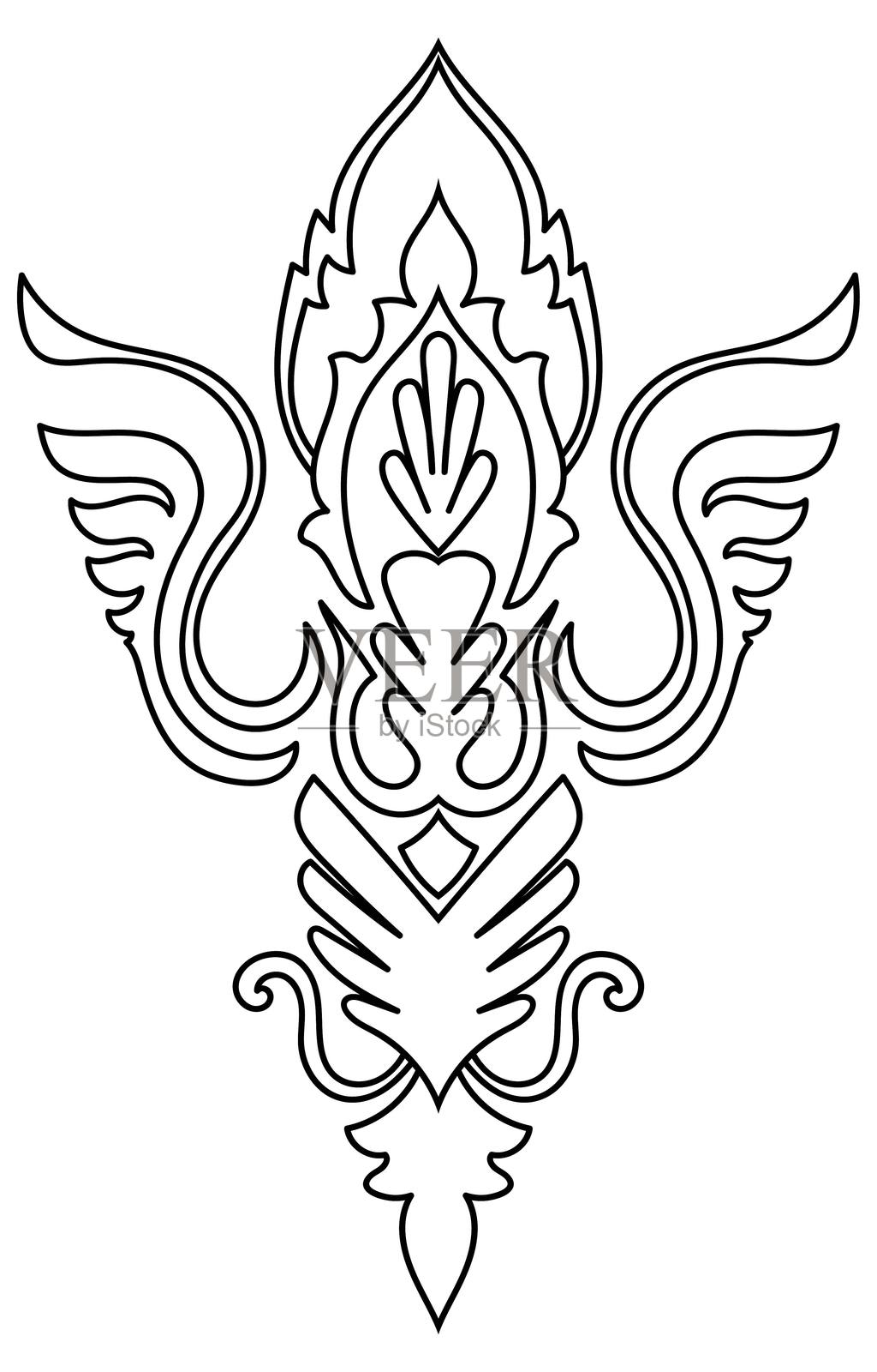 地毯的组件。黑色的条纹。带有花卉图案的东方装饰品。印度设计元素的指甲花纹身,成人着色书,贺卡,婚礼邀请或水疗美容传单。插画图片素材