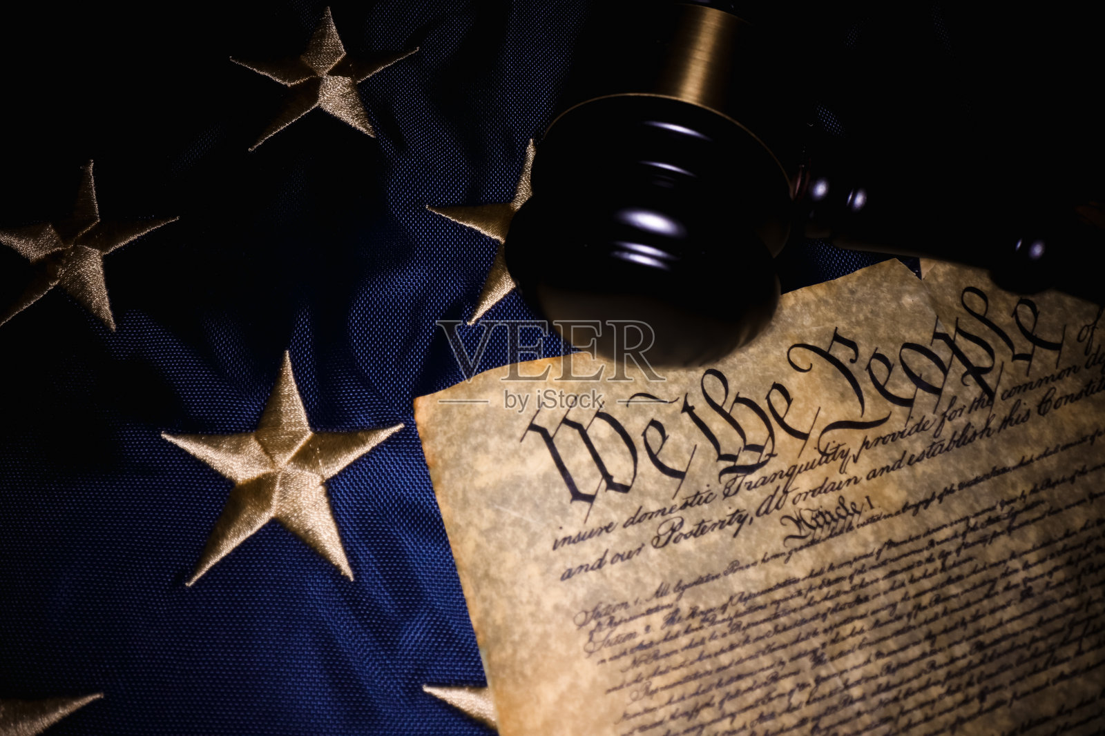 美国宪法特写,细节,美国国旗,木槌系列。照片摄影图片