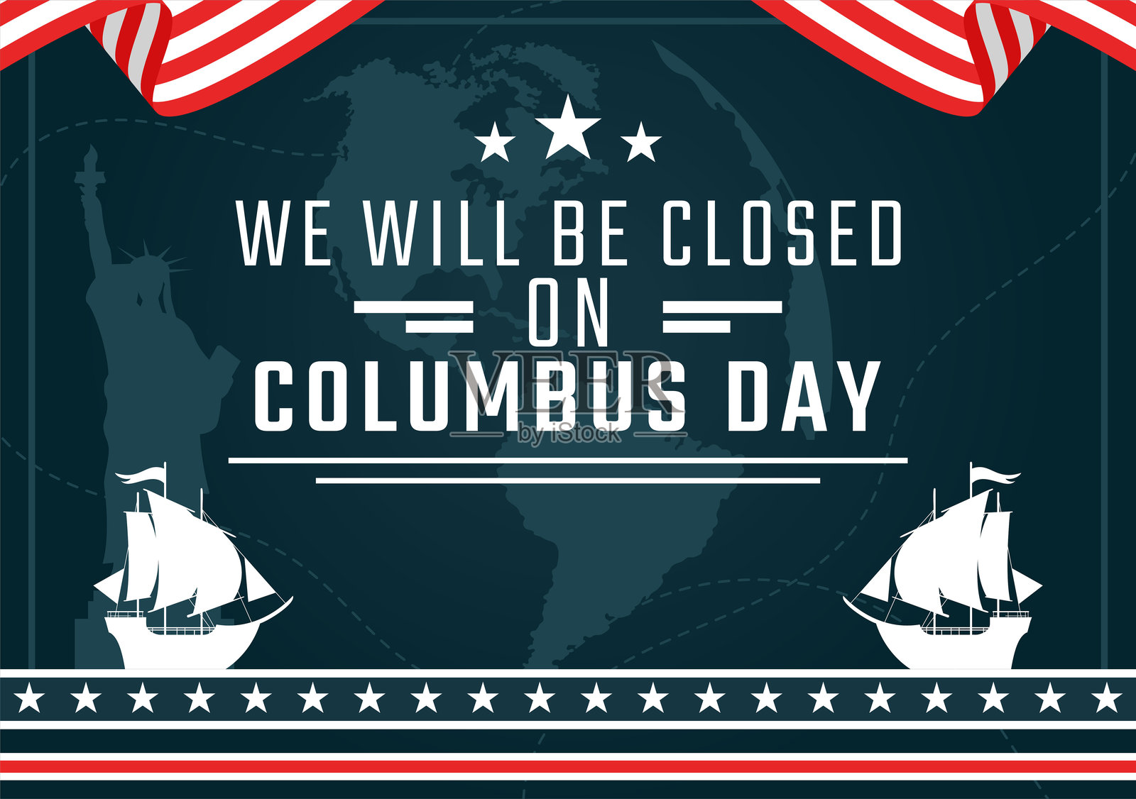 快乐的哥伦布日矢量插图,以美国国家假日为特色,展示了一艘船和美国国旗在平面风格的卡通设计插画图片素材